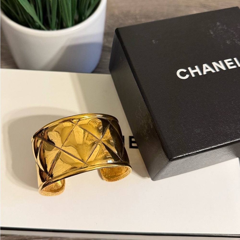 Chanel Vintage Quilted Gold Cc Cuff Bracelet